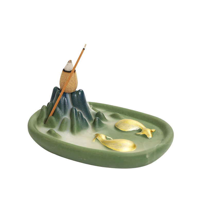 Celadon round Fortune-Turning Bull ceramic incense holder on white background