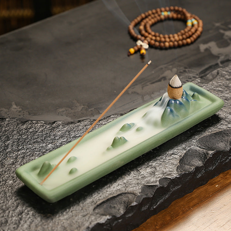Celadon Thousand-Mile Mountain long incense tray with layered peaks