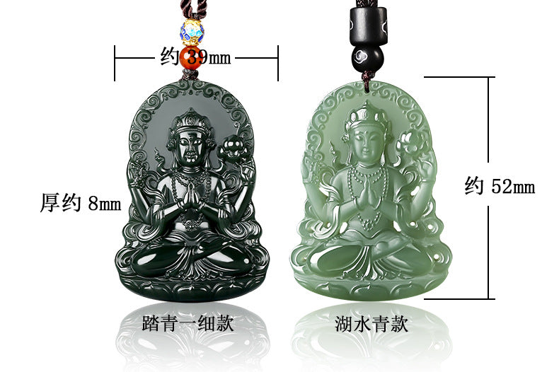 Four-Armed Guanyin carved Hetian jade pendant with lake green tone