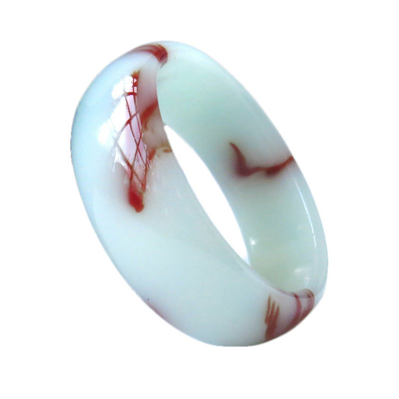 Certified natural jade bangle with red floating-flower pattern, polished bracelet view