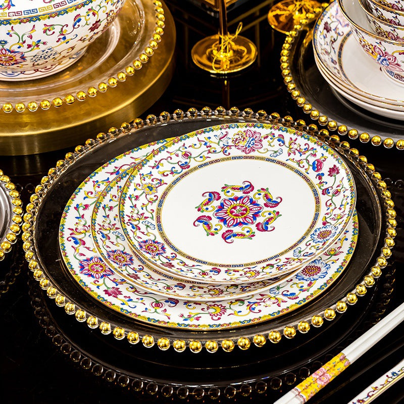 Cha Zi Yan Hong colorful enamel bone china plate and gold rim detail