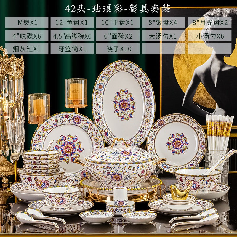 Cha Zi Yan Hong 42-piece palace-style enamel bone china dinnerware set composition