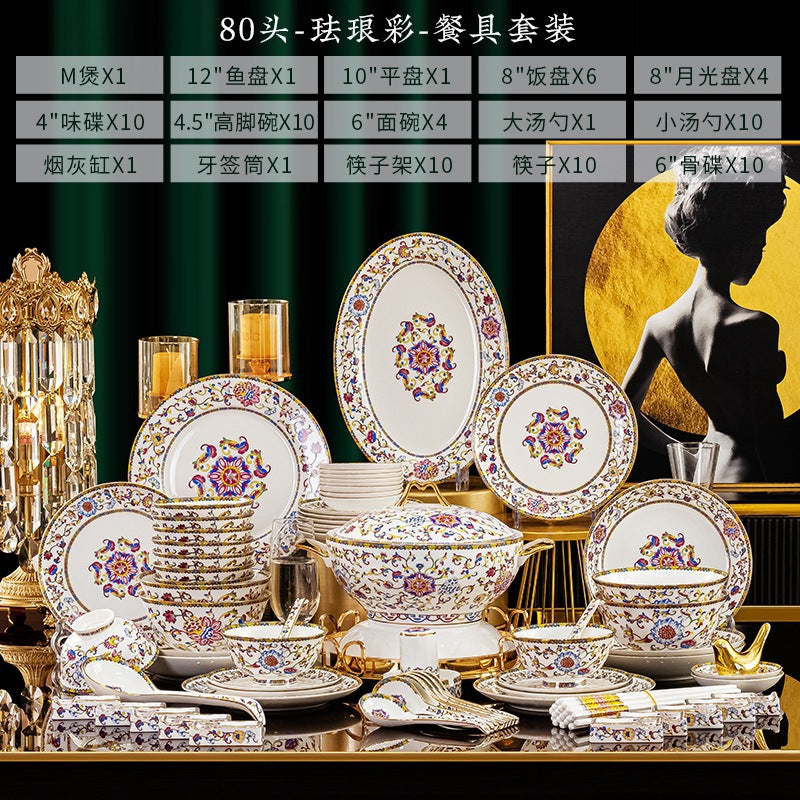 Cha Zi Yan Hong 80-piece enamel bone china dinnerware set with seasoning dishes