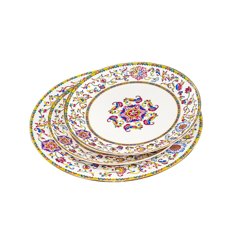 Cha Zi Yan Hong enamel bone china plate set on white background