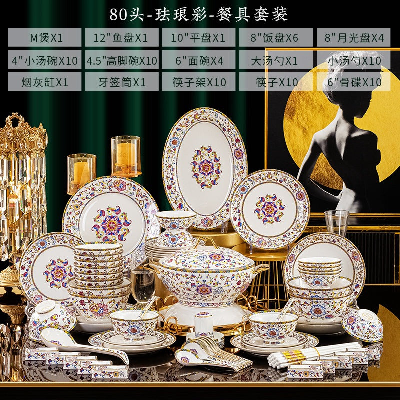 Cha Zi Yan Hong 80-piece enamel bone china dinnerware set with small soup bowls