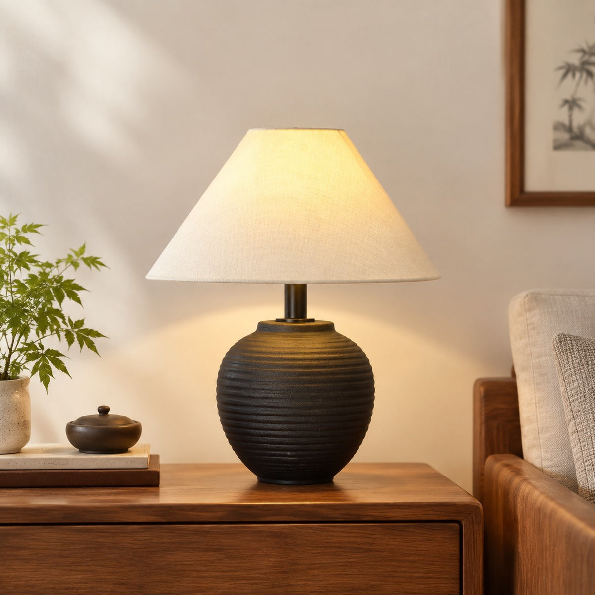 Charcoal ribbed ceramic bedside lamp with warm cream shade