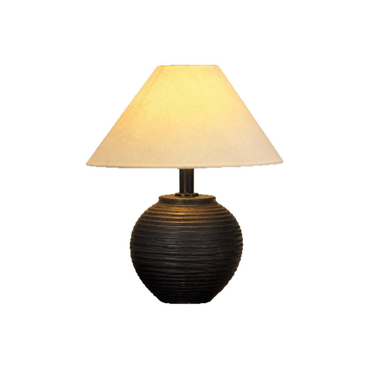 Charcoal black rounded ribbed ceramic lamp with tapered cream shade