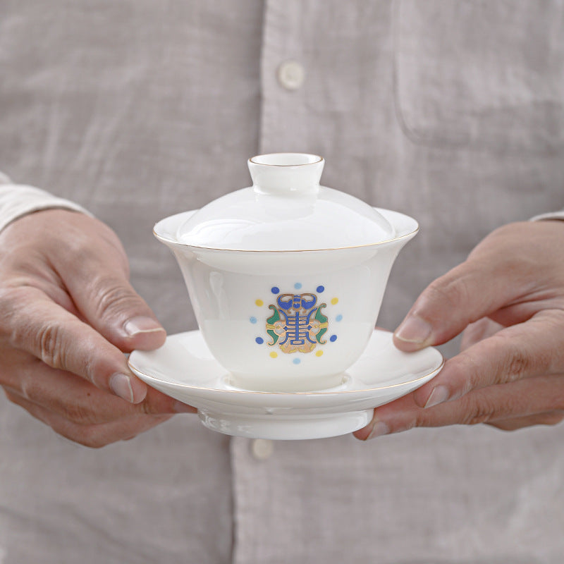 Mutton Fat Jade Gold-Rimmed Complete Tea Set