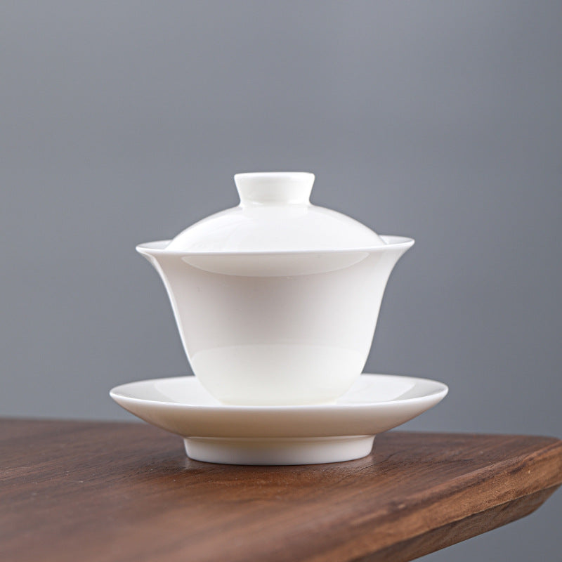 Mutton Fat Jade Gold-Rimmed Complete Tea Set