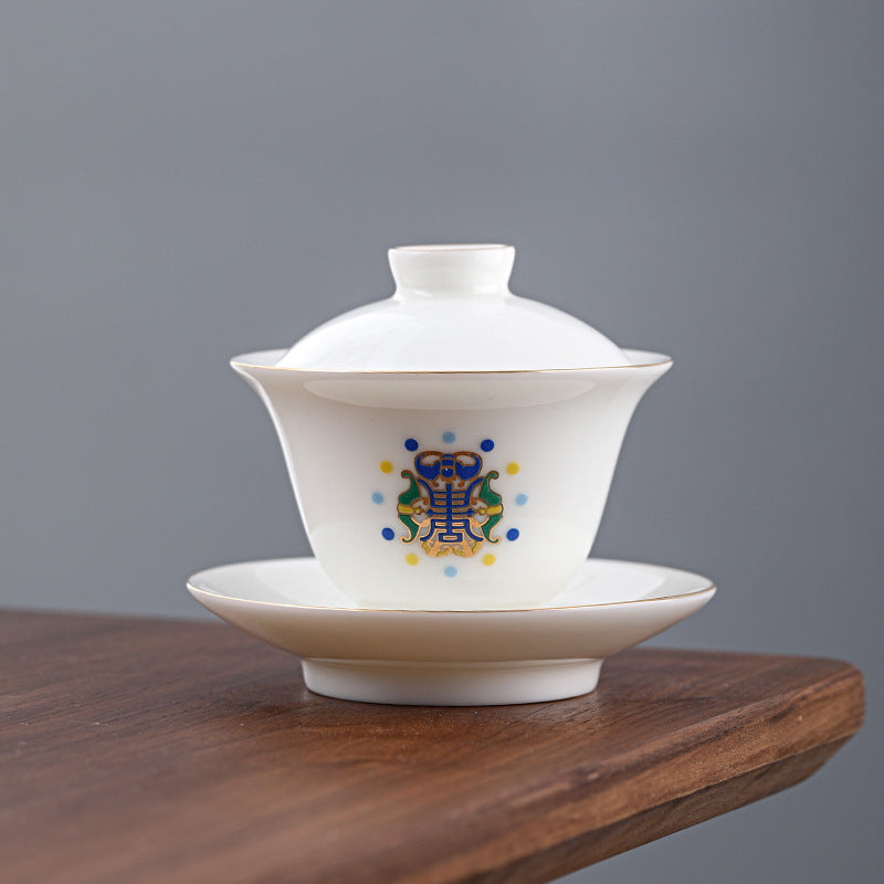 Mutton Fat Jade Gold-Rimmed Complete Tea Set