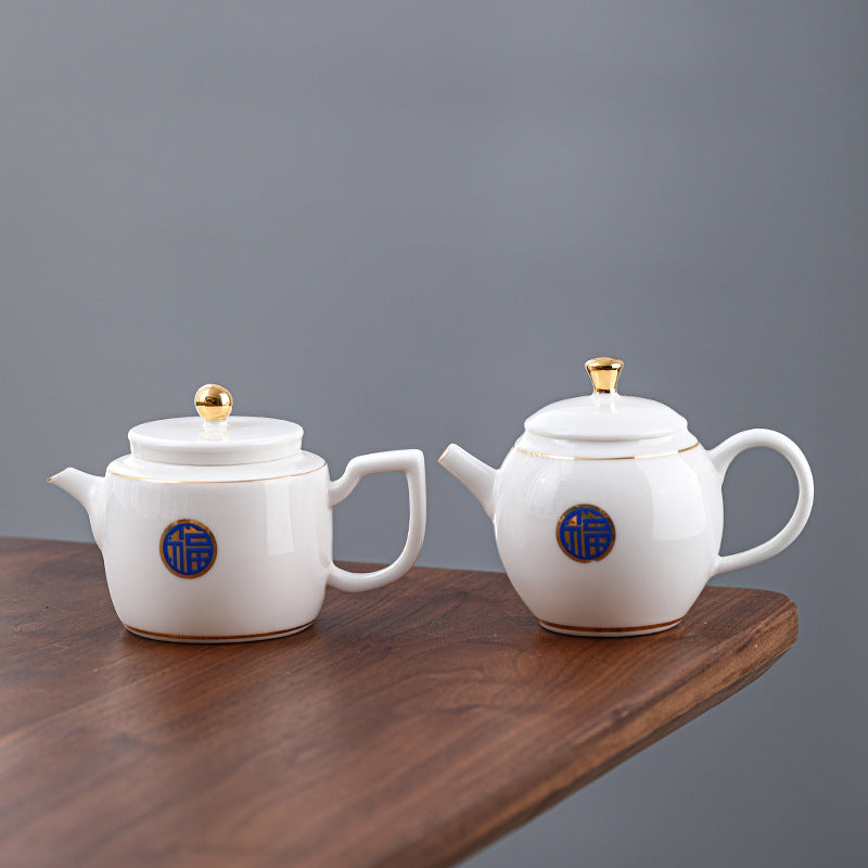 Mutton Fat Jade Gold-Rimmed Complete Tea Set