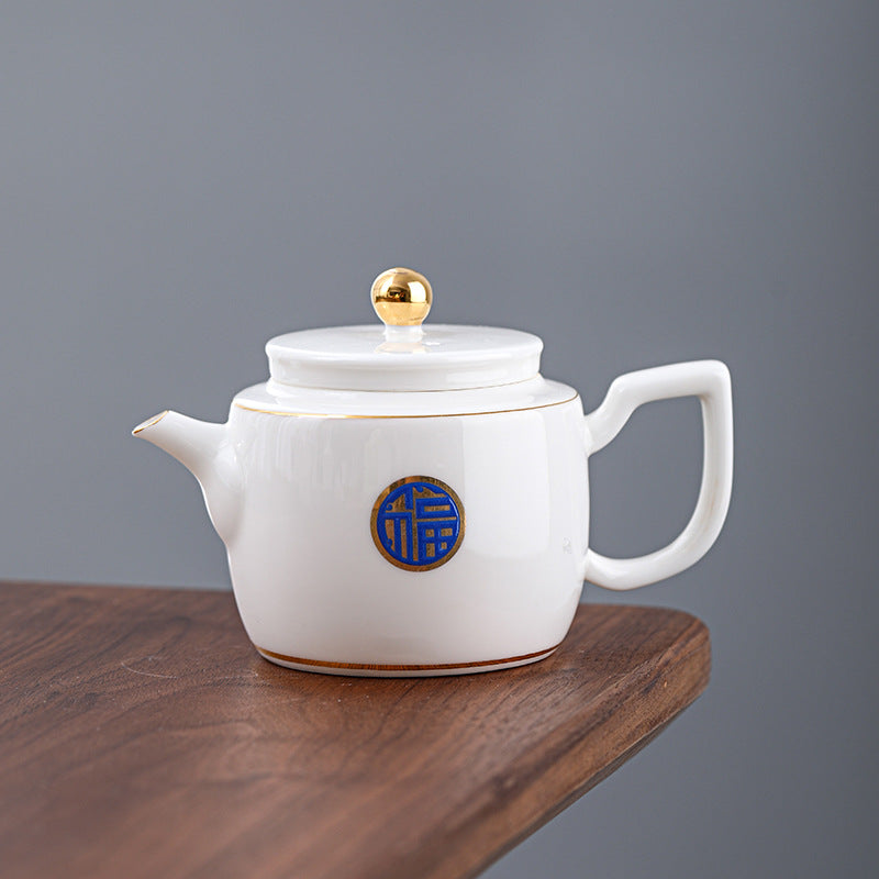 Mutton Fat Jade Gold-Rimmed Complete Tea Set