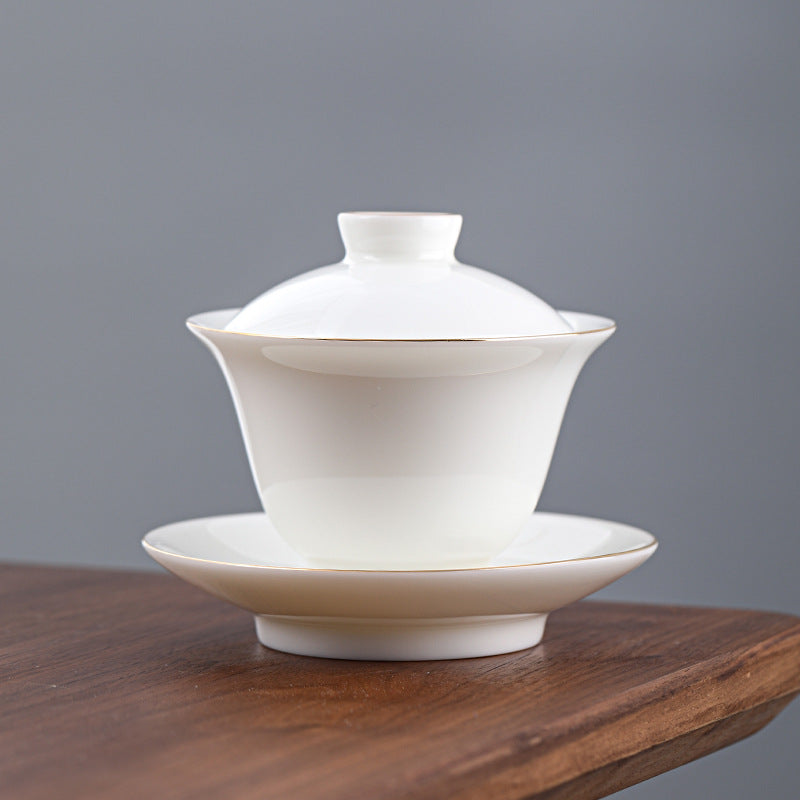 Mutton Fat Jade Gold-Rimmed Complete Tea Set
