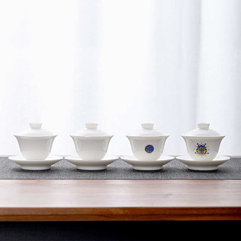 Mutton Fat Jade Gold-Rimmed Complete Tea Set