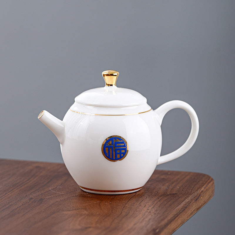 Mutton Fat Jade Gold-Rimmed Complete Tea Set