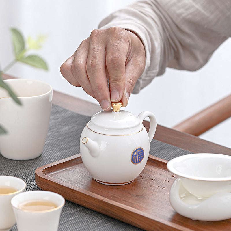 Mutton Fat Jade Gold-Rimmed Complete Tea Set