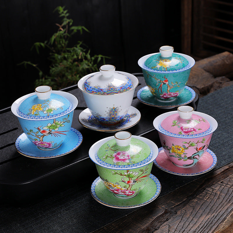 Enamel 24K Gold-Gilded Sancai Gaiwan & Tasting Cup Suite