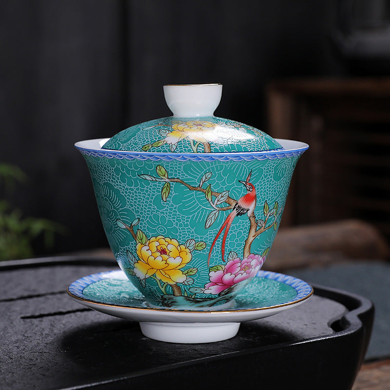 Enamel 24K Gold-Gilded Sancai Gaiwan & Tasting Cup Suite