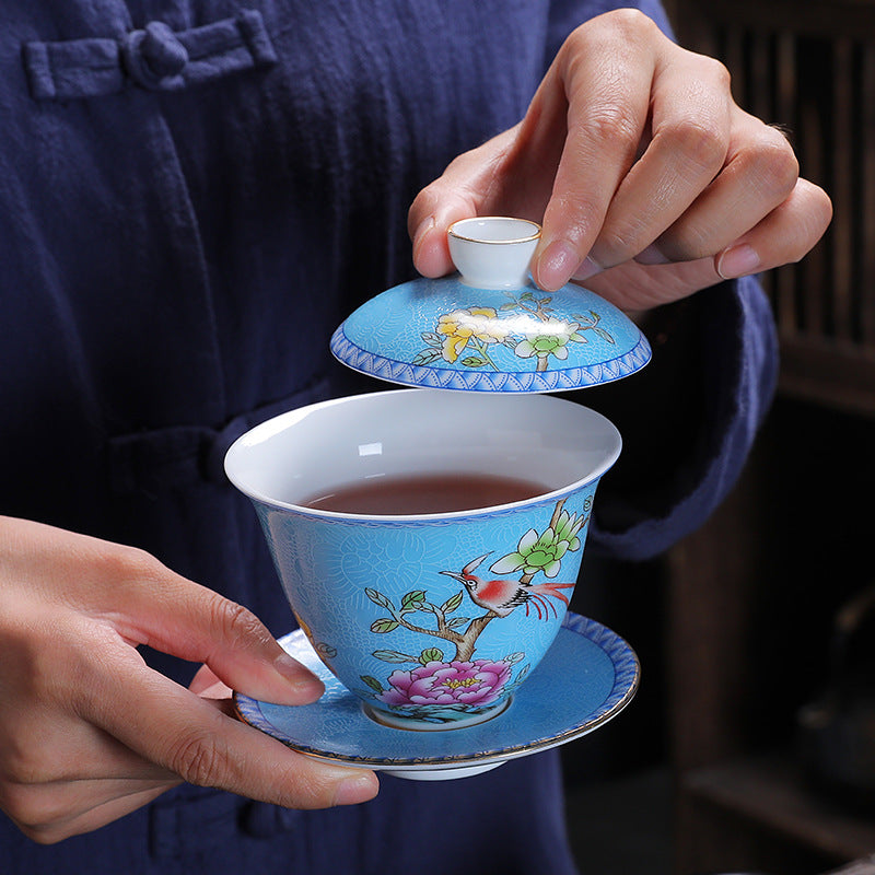 Enamel 24K Gold-Gilded Sancai Gaiwan & Tasting Cup Suite