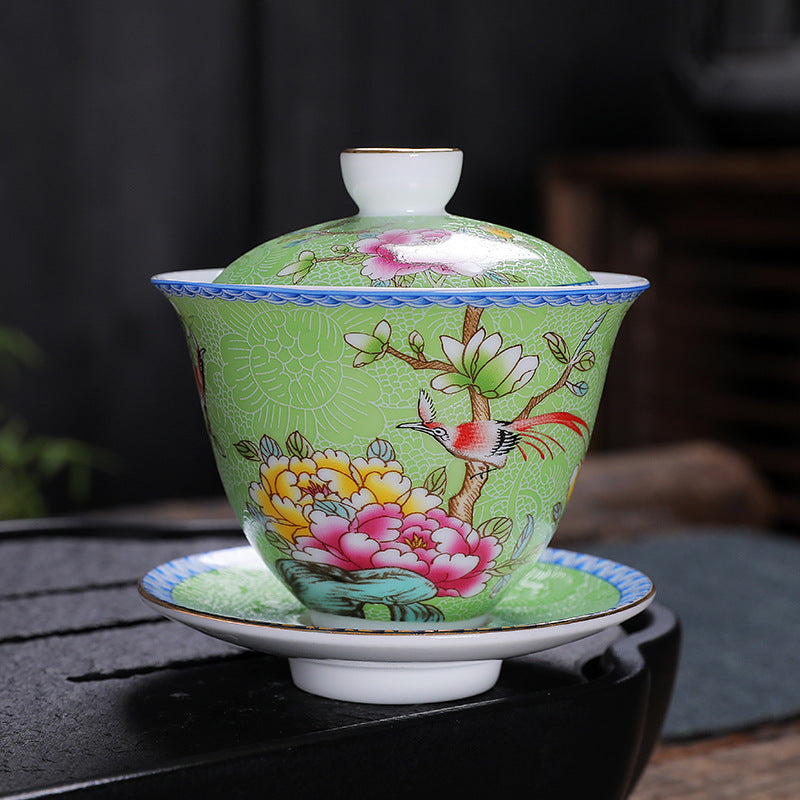 Enamel 24K Gold-Gilded Sancai Gaiwan & Tasting Cup Suite