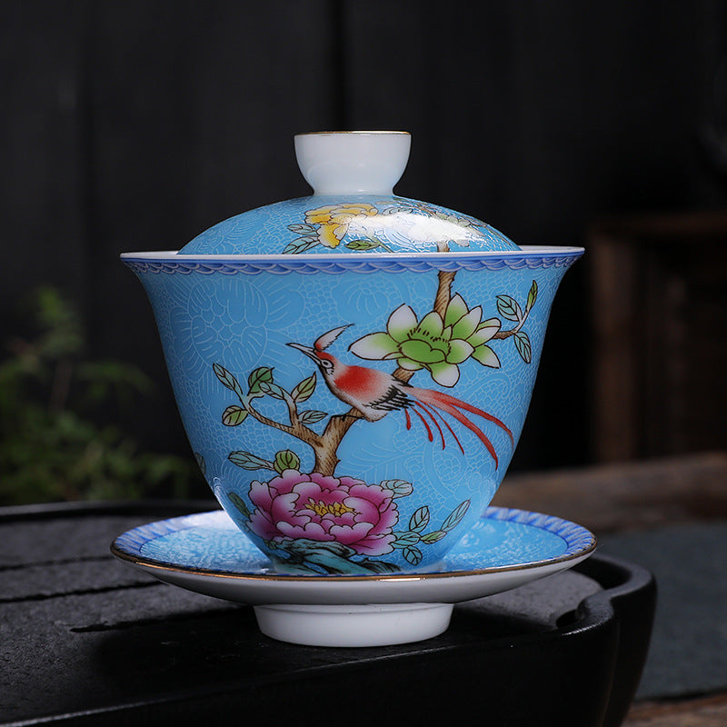 Enamel 24K Gold-Gilded Sancai Gaiwan & Tasting Cup Suite