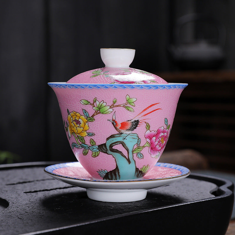 Enamel 24K Gold-Gilded Sancai Gaiwan & Tasting Cup Suite