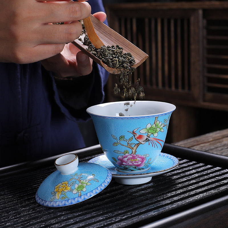 Enamel 24K Gold-Gilded Sancai Gaiwan & Tasting Cup Suite