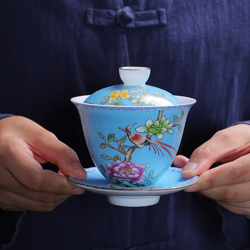 Enamel 24K Gold-Gilded Sancai Gaiwan & Tasting Cup Suite