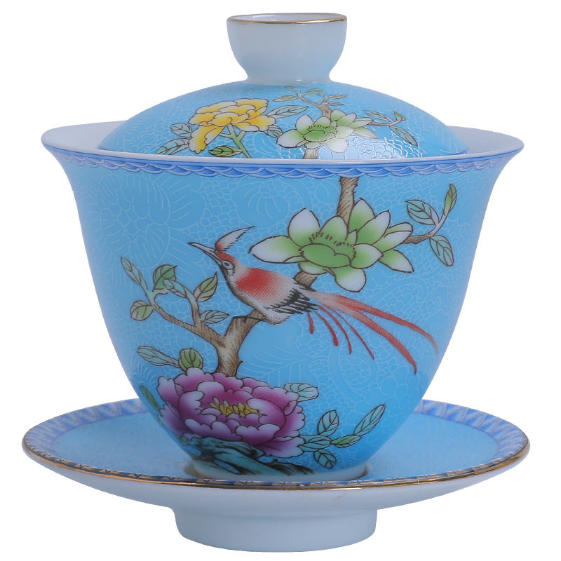 Enamel 24K Gold-Gilded Sancai Gaiwan & Tasting Cup Suite