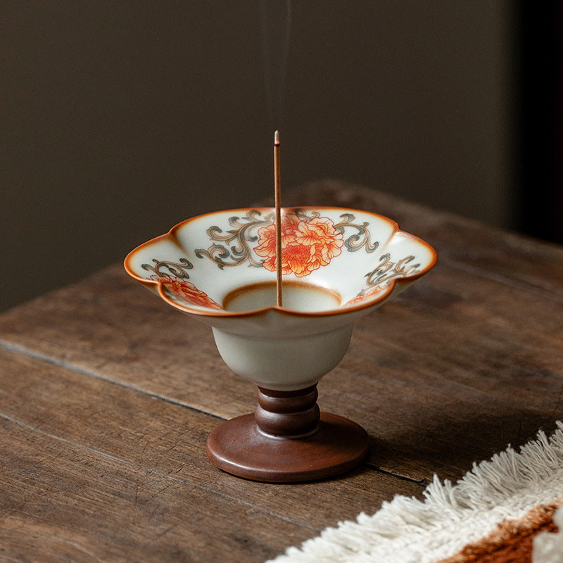 Authentic Iron-Red Peony Ru Ware Celadon High-Stem 9-Hole Incense Holder - Teaware Accessories