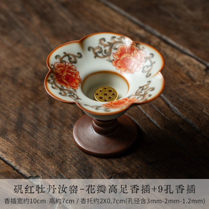 Authentic Iron-Red Peony Ru Ware Celadon High-Stem 9-Hole Incense Holder - Teaware Accessories