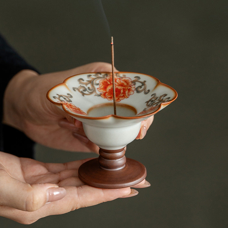 Authentic Iron-Red Peony Ru Ware Celadon High-Stem 9-Hole Incense Holder - Teaware Accessories