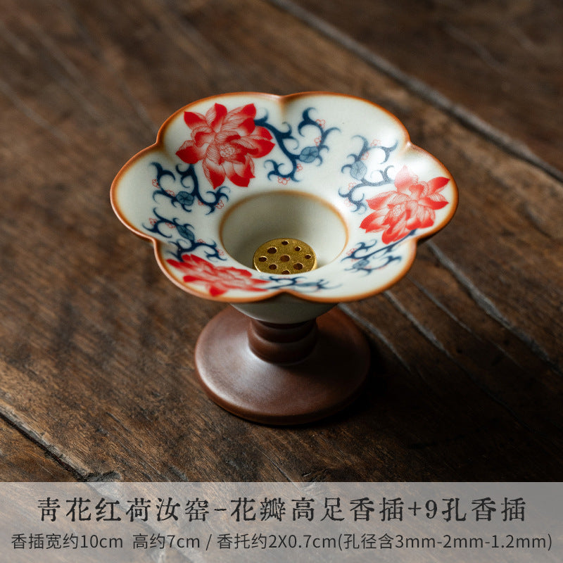 Authentic Iron-Red Peony Ru Ware Celadon High-Stem 9-Hole Incense Holder - Teaware Accessories