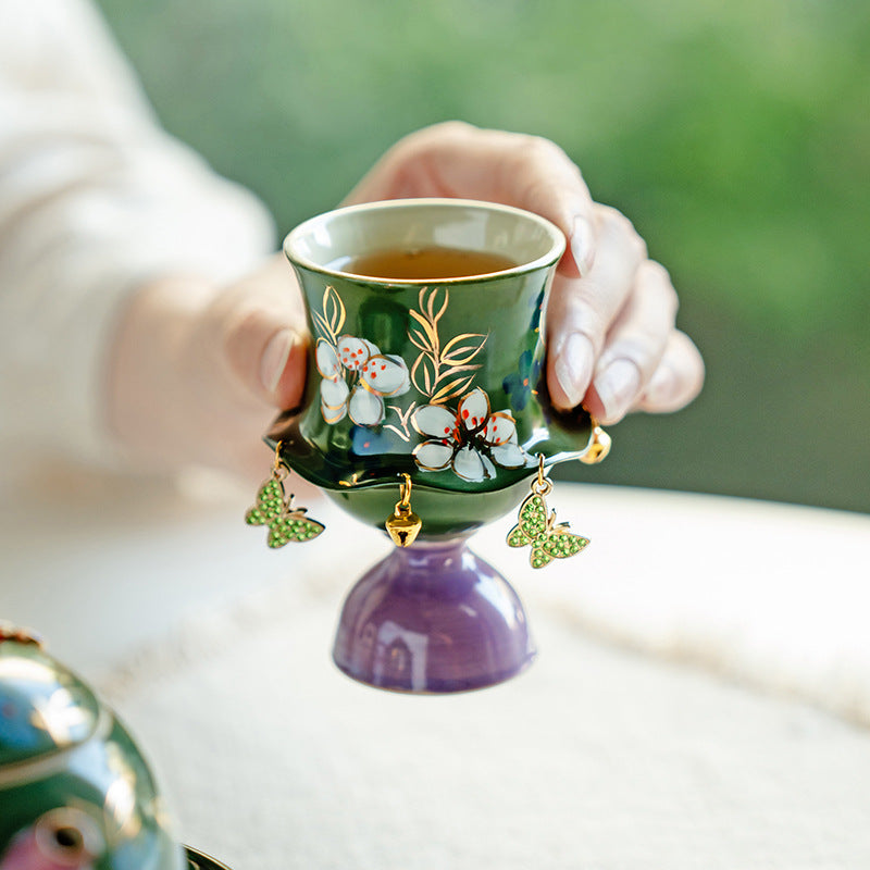 Authentic Hand-Painted Jasmine Blossom High-Stem Fengya Master Teacup - 75ml Gongfu Cup