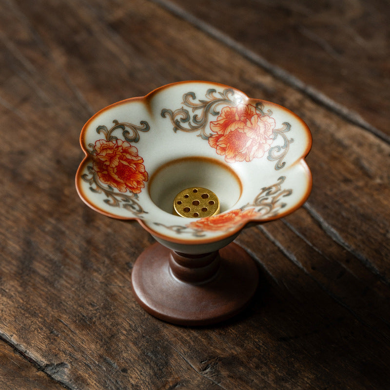 Authentic Iron-Red Peony Ru Ware Celadon High-Stem 9-Hole Incense Holder - Teaware Accessories
