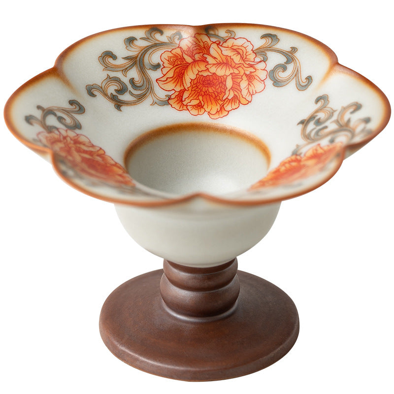 Authentic Iron-Red Peony Ru Ware Celadon High-Stem 9-Hole Incense Holder - Teaware Accessories