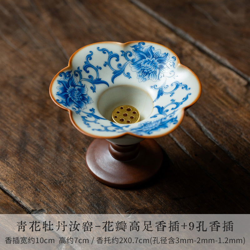 Authentic Iron-Red Peony Ru Ware Celadon High-Stem 9-Hole Incense Holder - Teaware Accessories