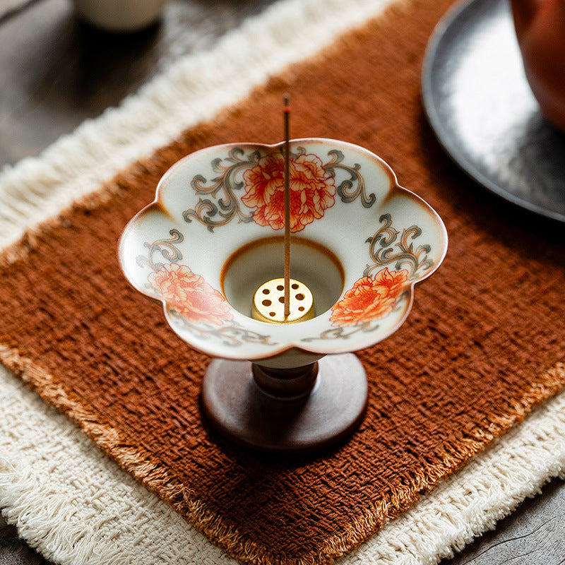 Authentic Iron-Red Peony Ru Ware Celadon High-Stem 9-Hole Incense Holder - Teaware Accessories