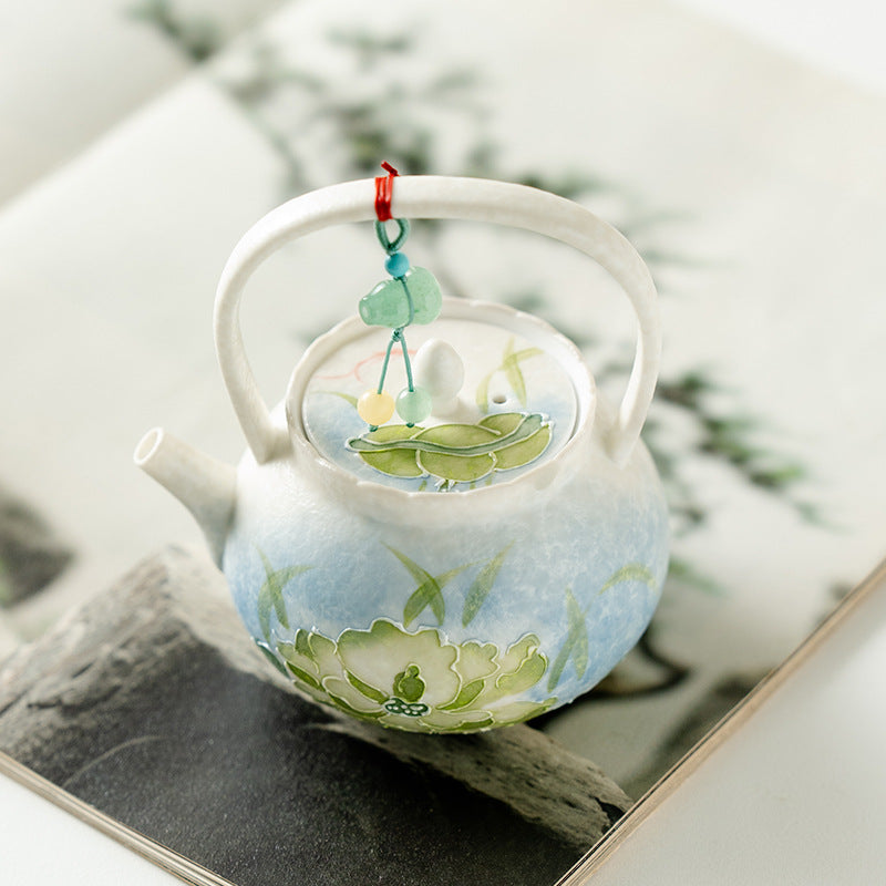 Authentic Neo-Chinese Lotus Reflection Blue Beam-Handle Ceramic Teapot - 220ml Gongfu Kettle