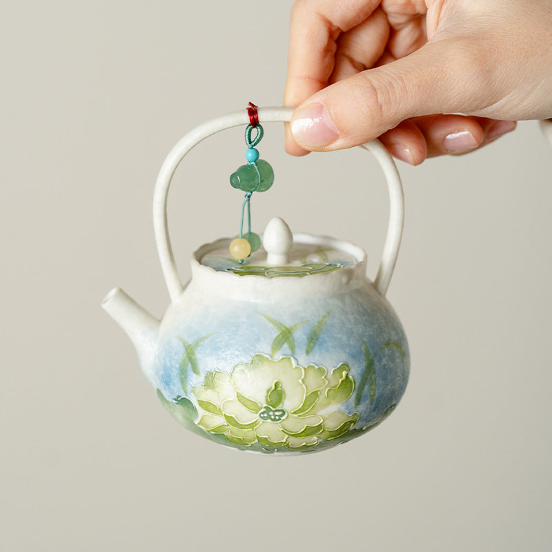 Authentic Neo-Chinese Lotus Reflection Blue Beam-Handle Ceramic Teapot - 220ml Gongfu Kettle