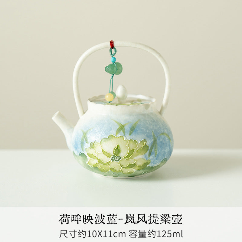 Authentic Neo-Chinese Lotus Reflection Blue Beam-Handle Ceramic Teapot - 220ml Gongfu Kettle