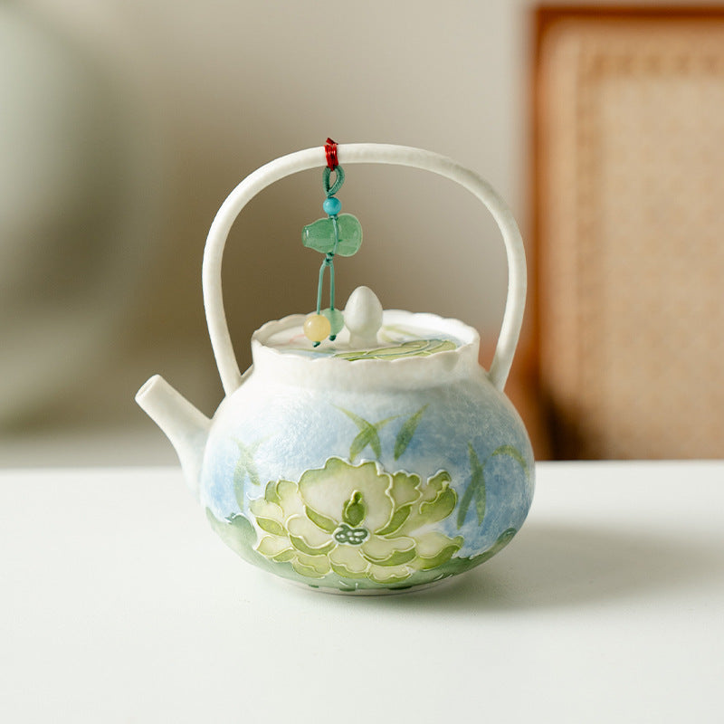 Authentic Neo-Chinese Lotus Reflection Blue Beam-Handle Ceramic Teapot - 220ml Gongfu Kettle