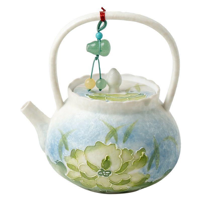 Authentic Neo-Chinese Lotus Reflection Blue Beam-Handle Ceramic Teapot - 220ml Gongfu Kettle