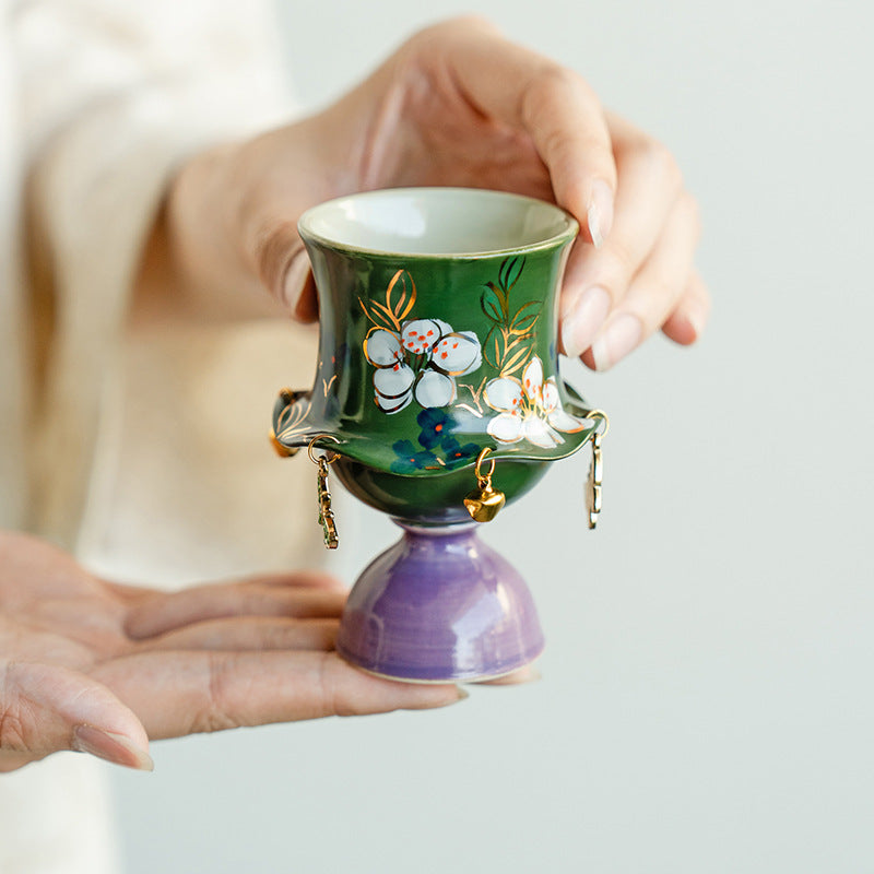 Authentic Hand-Painted Jasmine Blossom High-Stem Fengya Master Teacup - 75ml Gongfu Cup