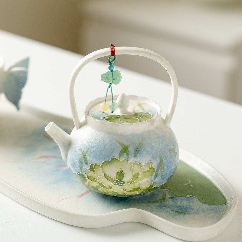 Authentic Neo-Chinese Lotus Reflection Blue Beam-Handle Ceramic Teapot - 220ml Gongfu Kettle