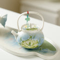 Authentic Neo-Chinese Lotus Reflection Blue Beam-Handle Ceramic Teapot - 220ml Gongfu Kettle