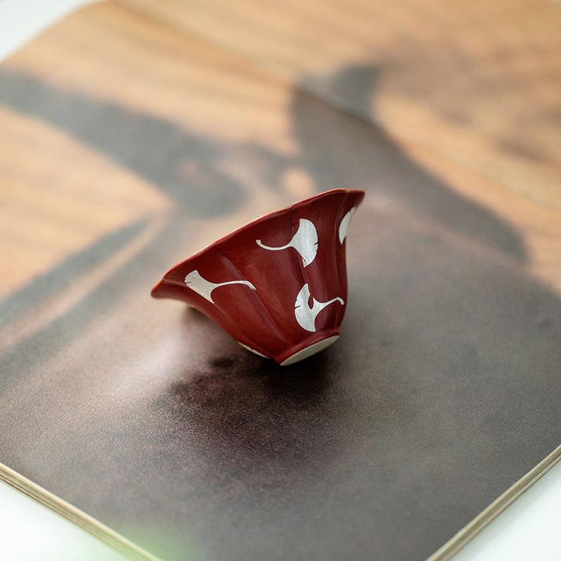 Authentic Changpuju Coarse Stoneware Kohiki Ginkgo Leaf Floral Master Cup - 85ml Teacup