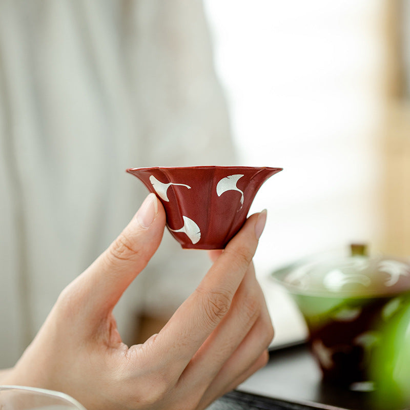Authentic Changpuju Coarse Stoneware Kohiki Ginkgo Leaf Floral Master Cup - 85ml Teacup