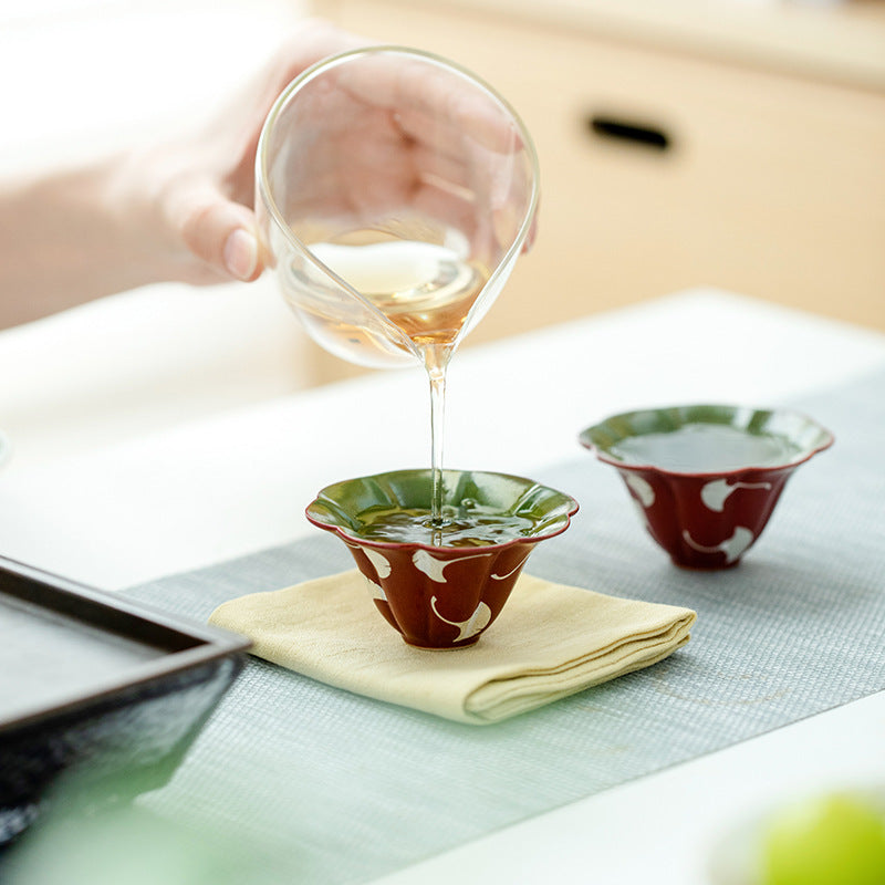 Authentic Changpuju Coarse Stoneware Kohiki Ginkgo Leaf Floral Master Cup - 85ml Teacup