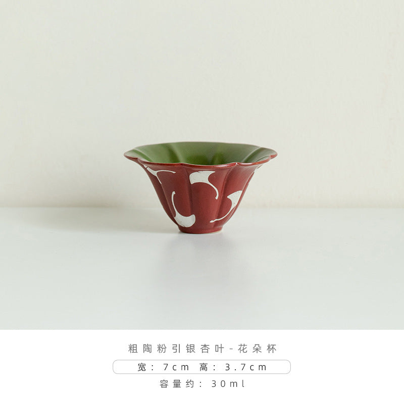 Authentic Changpuju Coarse Stoneware Kohiki Ginkgo Leaf Floral Master Cup - 85ml Teacup
